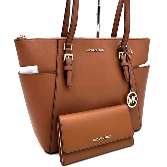 Michael Kors Large Charlotte Tote Bag & Large Trifold Wallet Luggage Brown Set - Picture 3 of 15